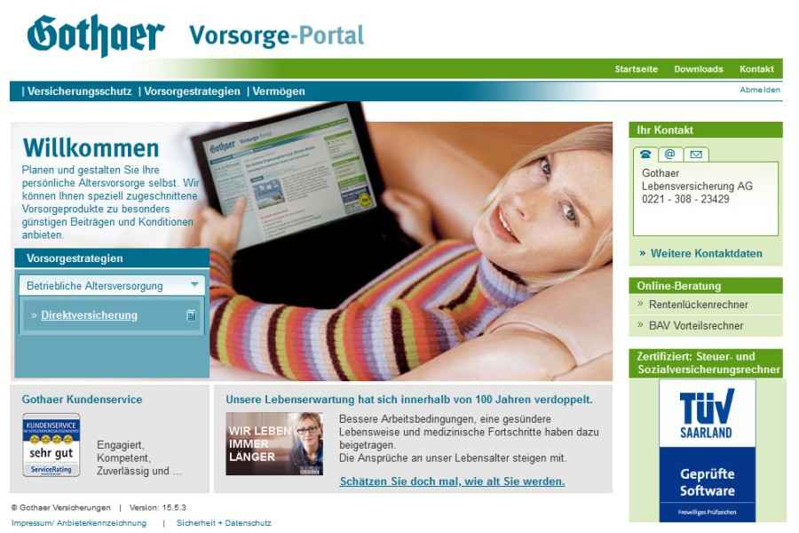 Gothaer Vorsorgeportal: Ausschnitt der Portal-Startseite