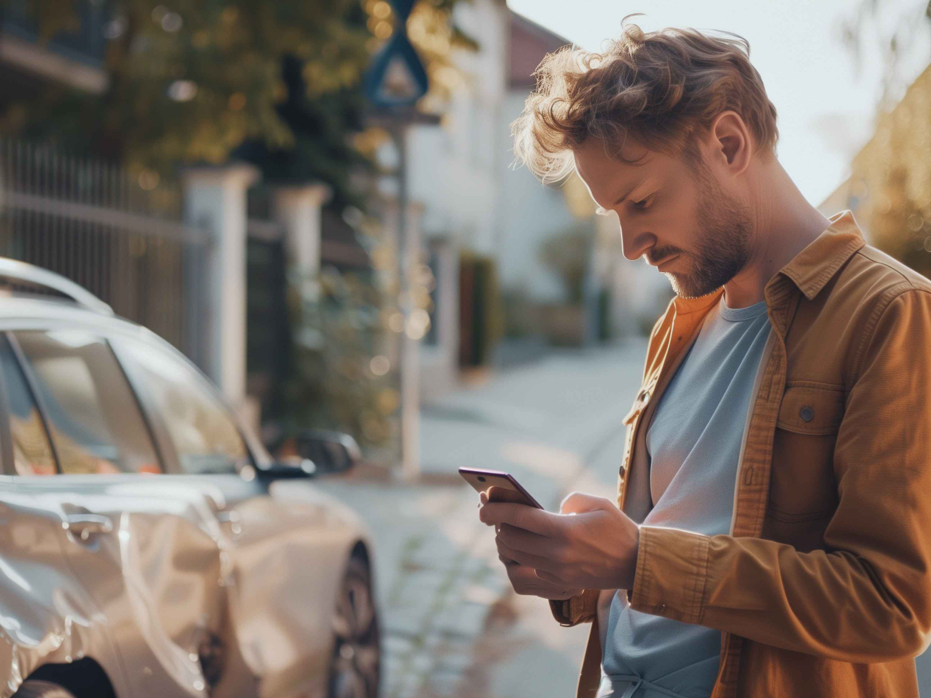 Junger Mann meldet Sturmschaden an seinem Auto per Handy an seine Versicherung.