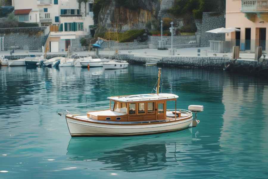 Absicherung für Ihr Boot: Ein Boot liegt in einem Hafen vor Anker. Im Hintergrund sieht man weitere Boote.