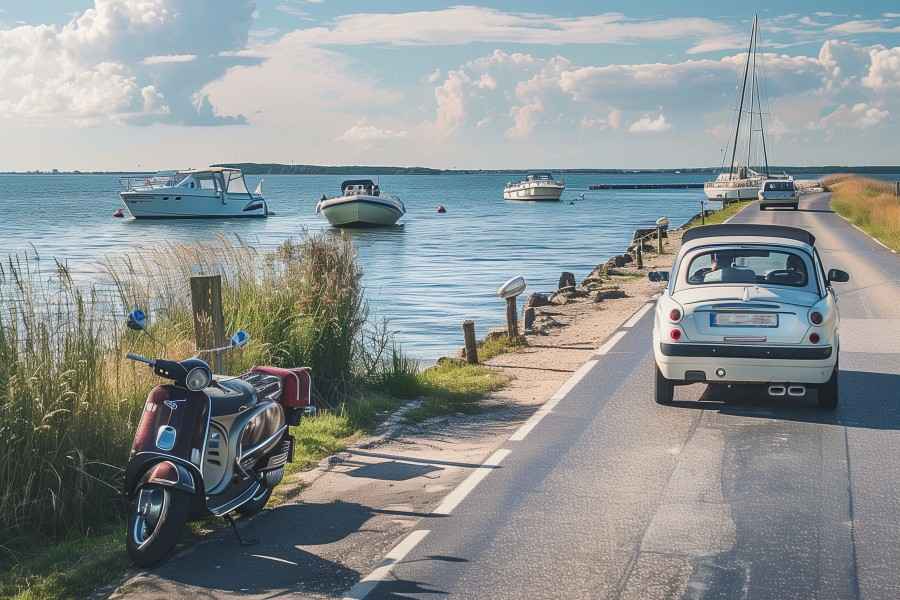 Ein Roller steht am Straßenrand. Links sind zwei Boote im Wasser und ein Auto fährt auf der Straße.