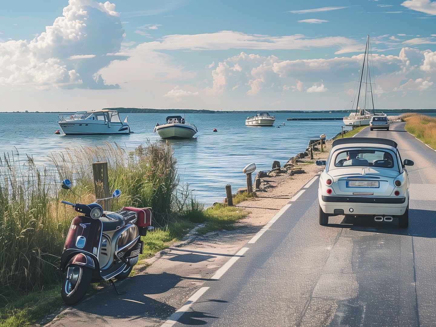 Ein Roller steht am Straßenrand. Links sind zwei Boote im Wasser und ein Auto fährt auf der Straße.