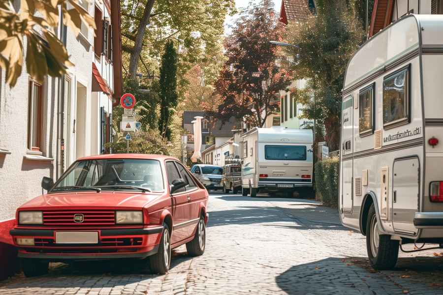 Oldtimer und Wohnmobil: Auf der linken Seite steht ein roter Oldtimer am Straßenrand. Auf der rechten Seite steht ein Wohnwagen am Straßenrand. 