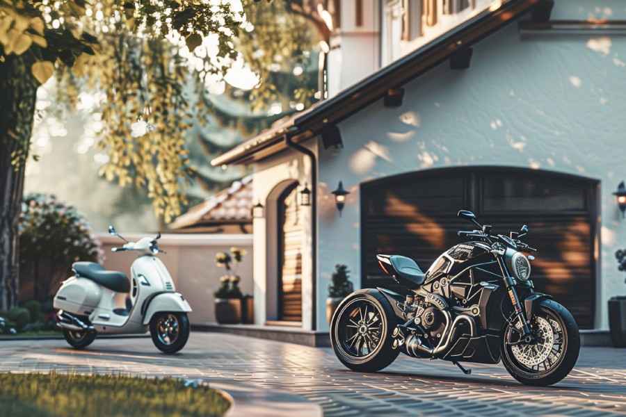 Roller und Motorrad: Ein weißer Roller und ein schwarzes Motorrad stehen vor der Garage eines Hauses.