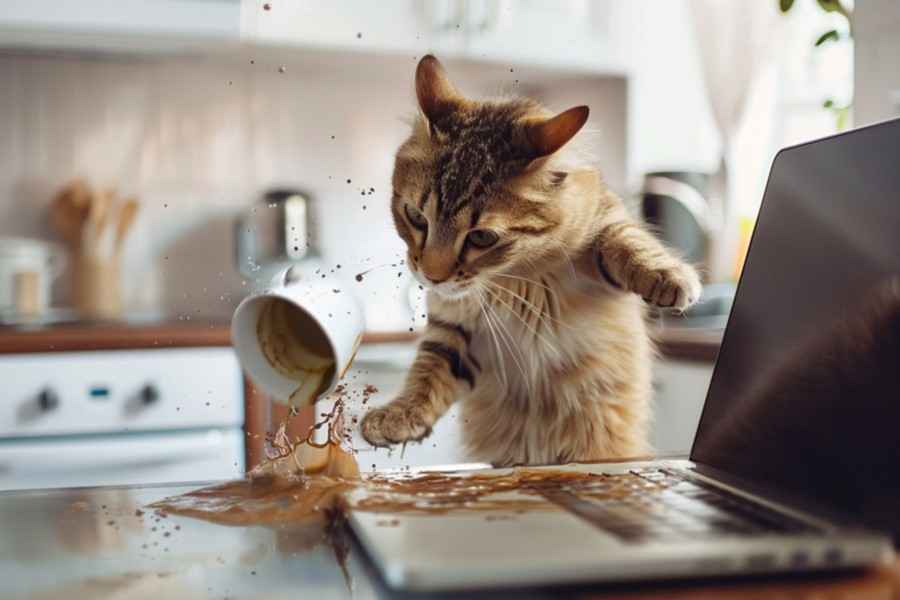 Eine kleine Katze hat einen Tasse voller Kaffee umgestoßen. Der Kaffee landet auf einem Laptop.