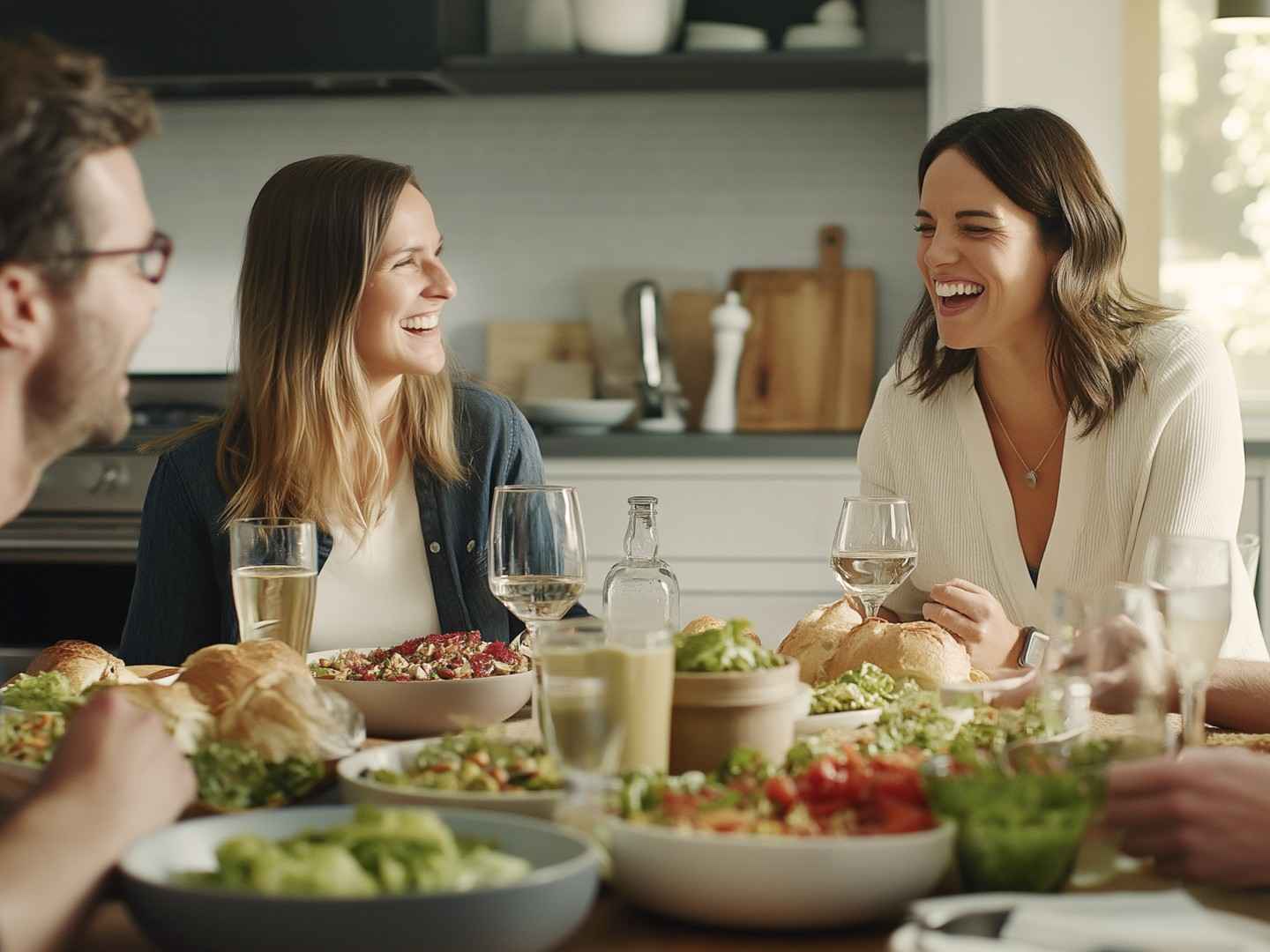 Gothaer Haftpflichtversicherungen: Eine junge Frau sitzt mit ihren Freunden am Tisch. Sie essen gemeinsam und lachen.