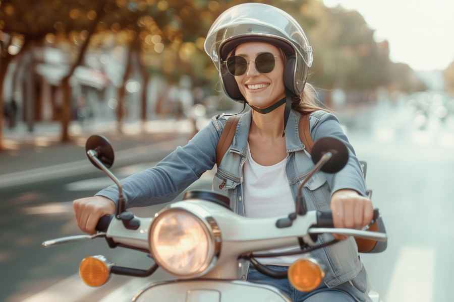 Gothaer Moped-Versicherung: Junge Frau auf Moped ist froh, das KFZ gut versichert zu haben.