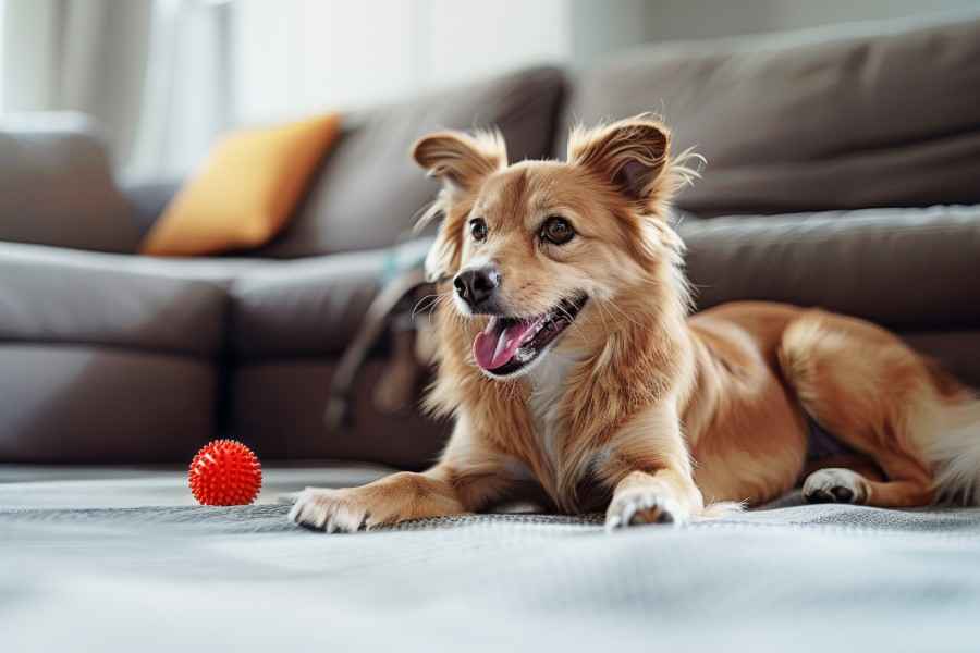 Gothaer Hundekrankenversicherung: Ein Hund liegt entspannt auf dem Boden mit seinem Spielball, da er dank der Hundekrankenversicherung bestens abgesichert ist. 