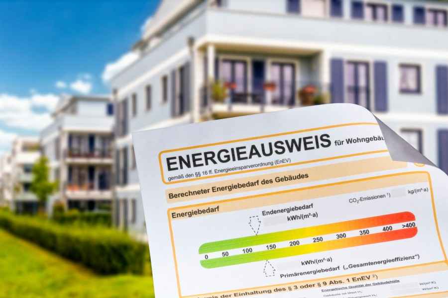 Ein Energieausweis vor einem Mehrfamilienhaus.