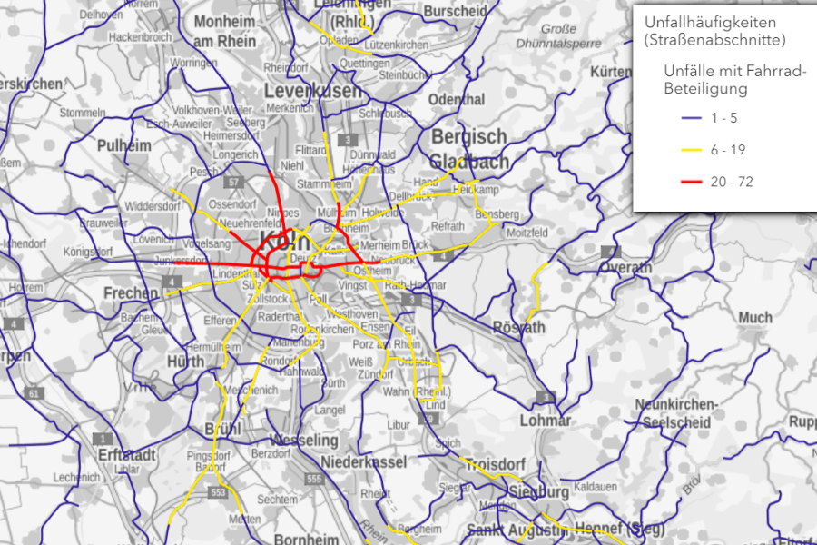 Unfallhäufigkeit auf Straßenabschnitten in und um Köln: Unfälle mit Fahrrad-Beteilligung.
