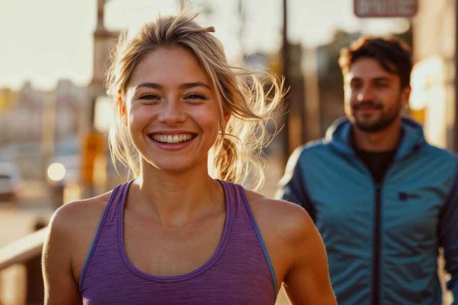 BarmeniaGothaer: Junges Paar joggt über eine Brücke